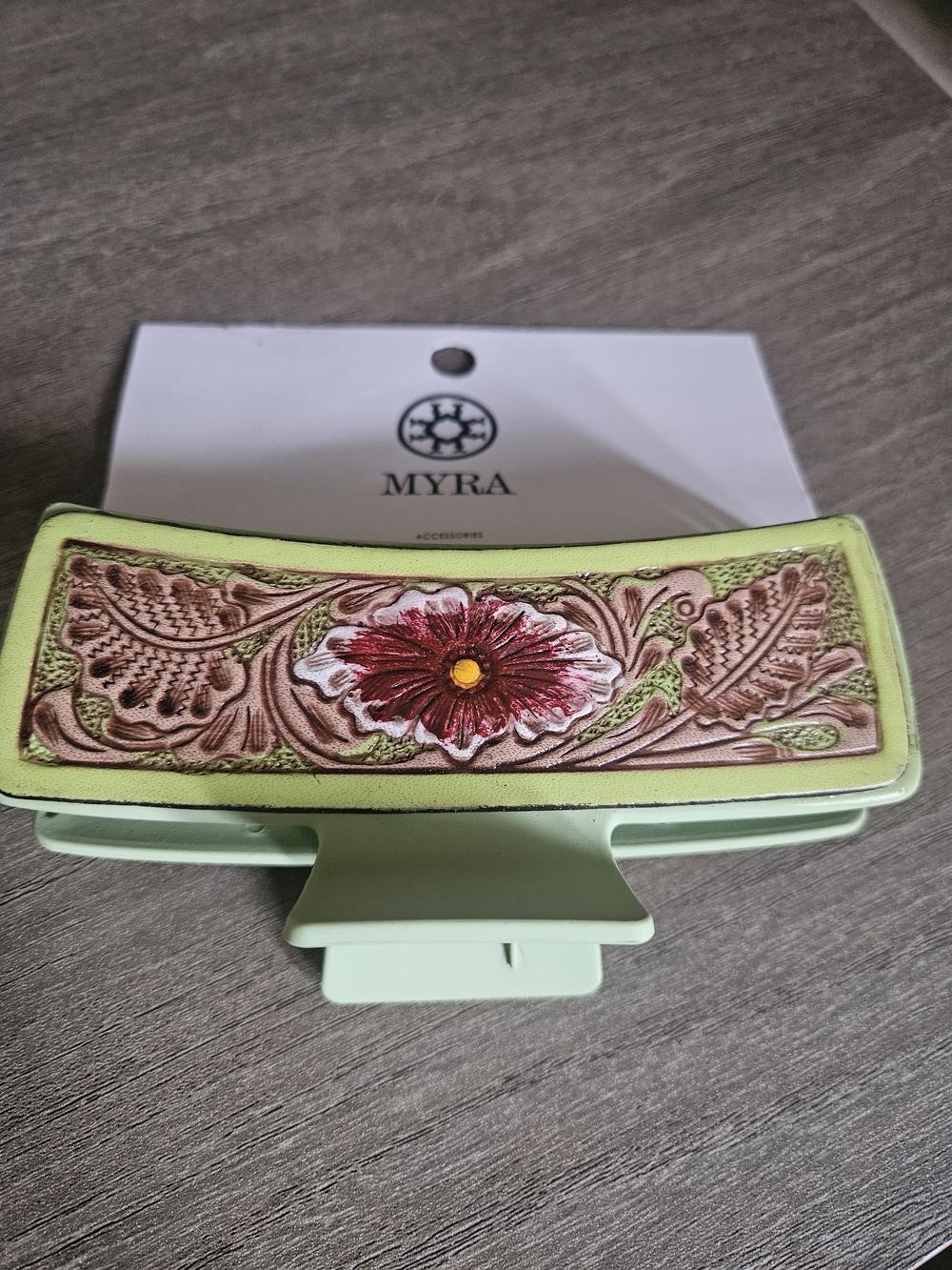 Myra Accessories 5 Inch Green Floral Leather Hair Clip - NWT - Picture 4 of 5